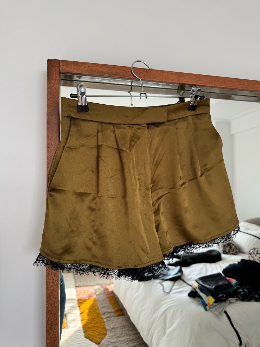 Zara Olive Green High Waist Shorts with Black Lace Trim